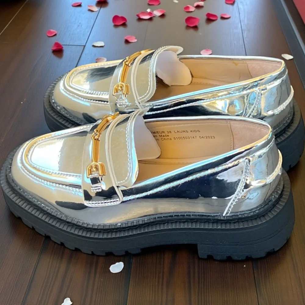 Sam Edelman Laurs Silver Metallic Kids Loafers with Gold Accent. NWOT In Box.